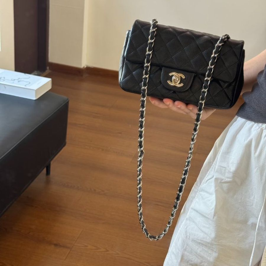 CHANEL 經典口蓋包Mini CF20 - 粒面牛皮黑金25開-10