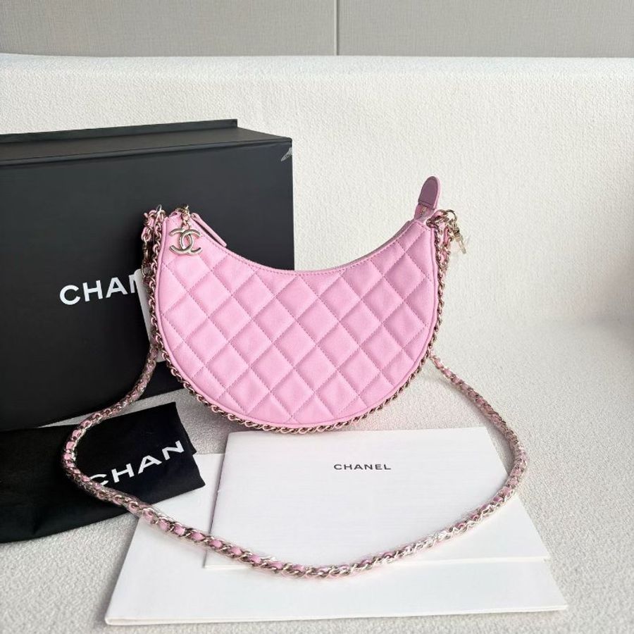 Chanel Hobo月亮包 芯片款 粉色金扣 羊皮 20*15*6 99新配件盒 塵袋-2