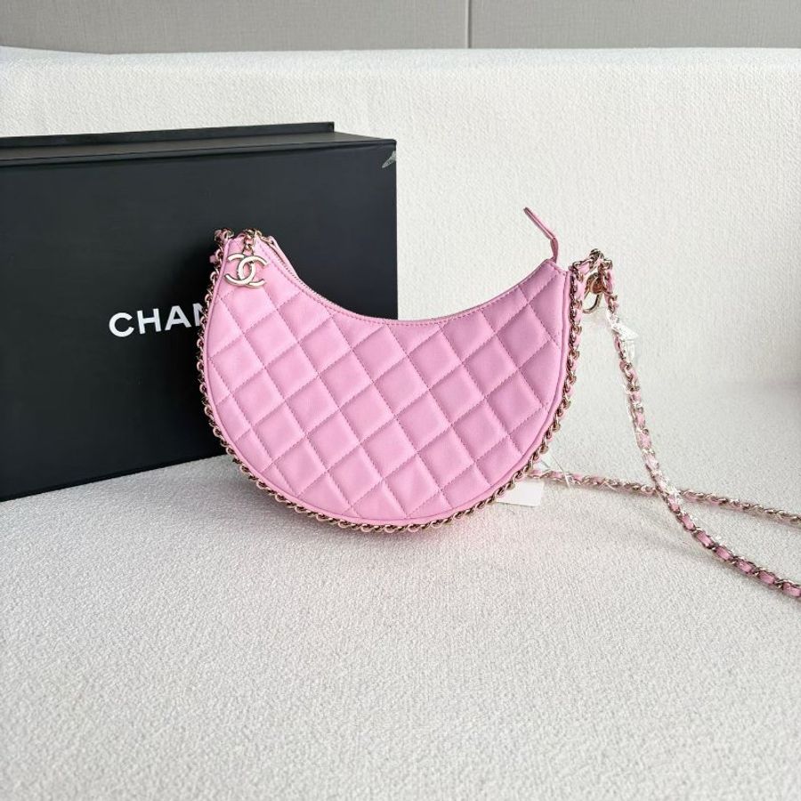 Chanel Hobo月亮包 芯片款 粉色金扣 羊皮 20*15*6 99新配件盒 塵袋-3