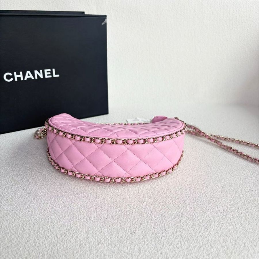 Chanel Hobo月亮包 芯片款 粉色金扣 羊皮 20*15*6 99新配件盒 塵袋-4