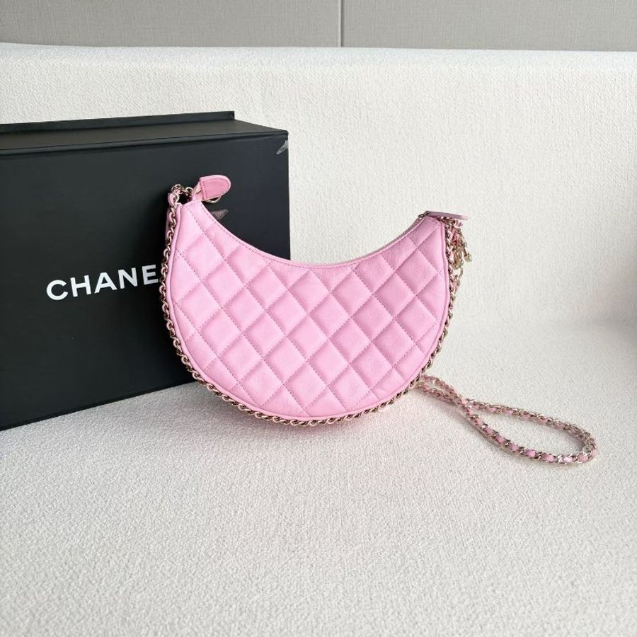 Chanel Hobo月亮包 芯片款 粉色金扣 羊皮 20*15*6 99新配件盒 塵袋-6