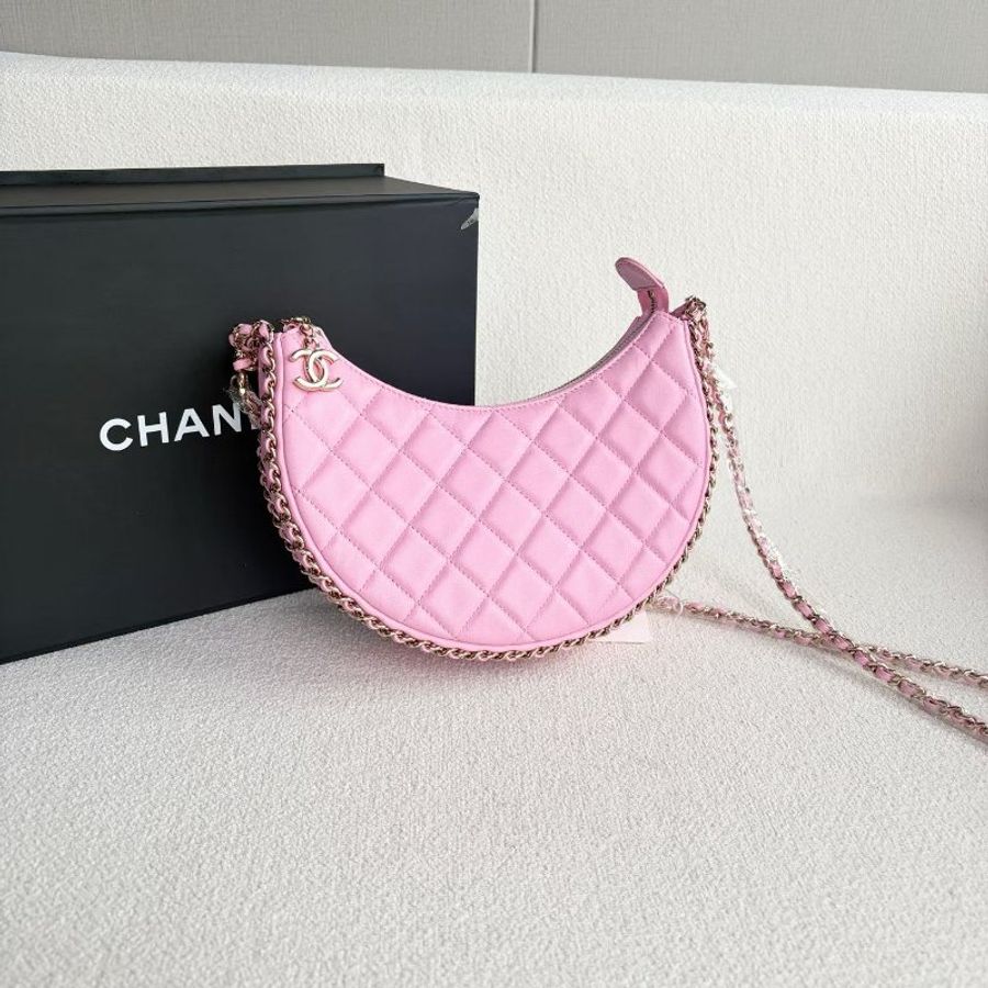 Chanel Hobo月亮包 芯片款 粉色金扣 羊皮 20*15*6 99新配件盒 塵袋-7