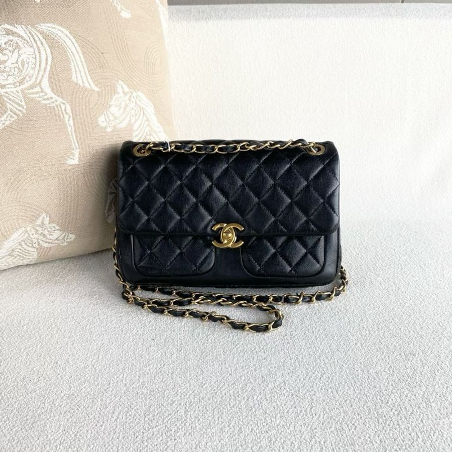 Chanel 黑金雙口袋CF口蓋包 芯片款 羊皮 23*16*5 98新配件塵袋-2