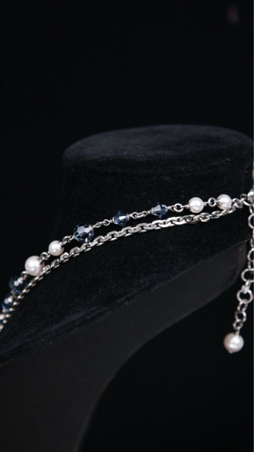 Chanel 19年蓝色莱茵石镂空cc流苏吊坠多次项链-17