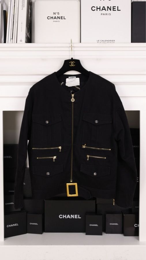 Chanel 94年黑金丹宁牛仔四口袋拉链夹克棉服外套-0