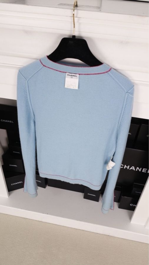Chanel 96年秀款蓝粉羊绒拼色亮片两口袋针织开衫外套-10