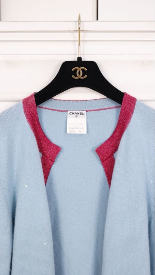Chanel 96年秀款蓝粉羊绒拼色亮片两口袋针织开衫外套-15
