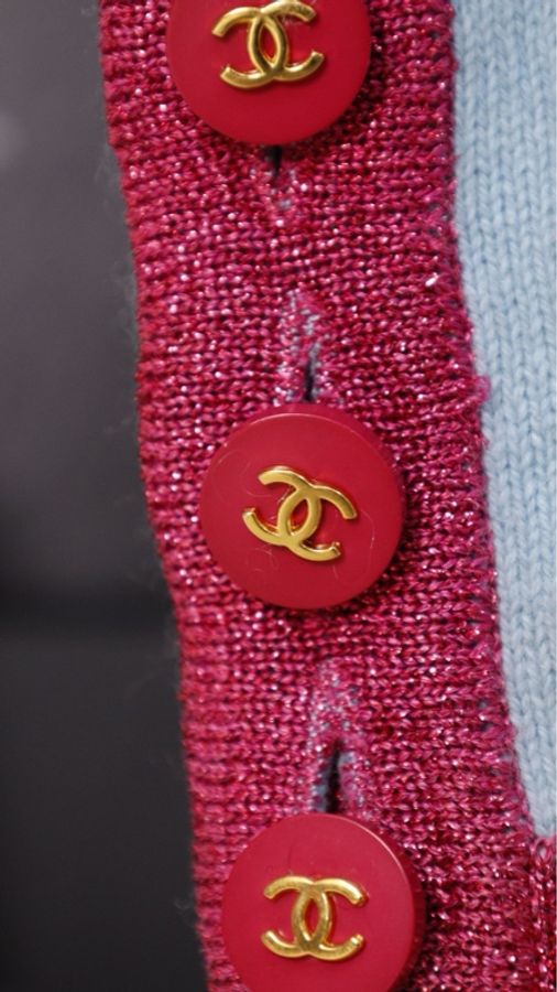 Chanel 96年秀款蓝粉羊绒拼色亮片两口袋针织开衫外套-43