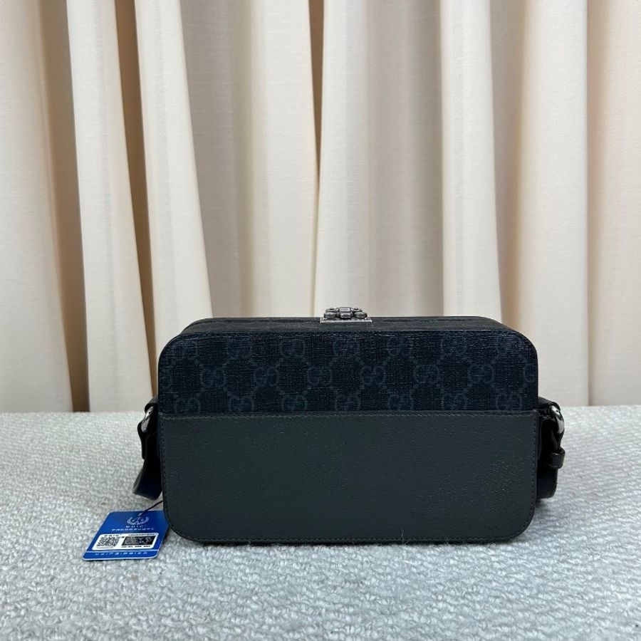 Gucci鏤空雙G Lock硬箱盒子包 灰色拼老花 銀色五金-1