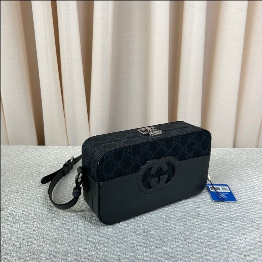 Gucci鏤空雙G Lock硬箱盒子包 灰色拼老花 銀色五金-2