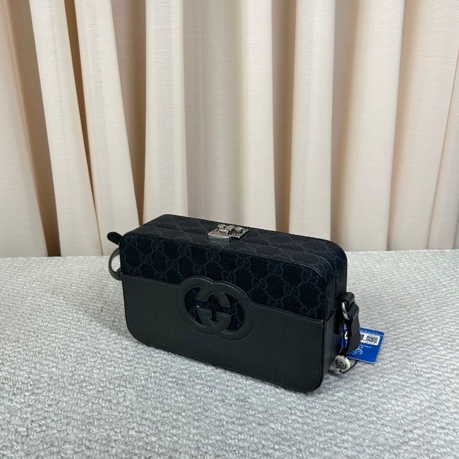 Gucci鏤空雙G Lock硬箱盒子包 灰色拼老花 銀色五金-3