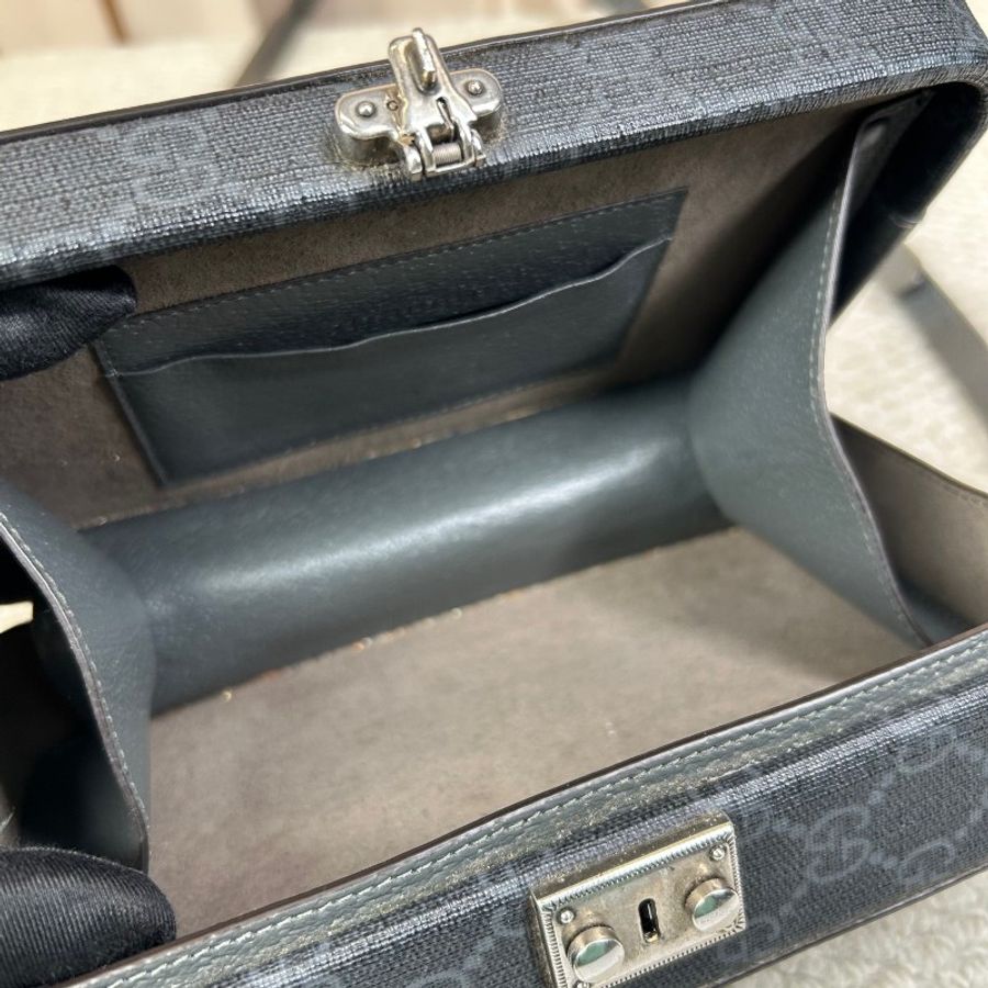 Gucci鏤空雙G Lock硬箱盒子包 灰色拼老花 銀色五金-5