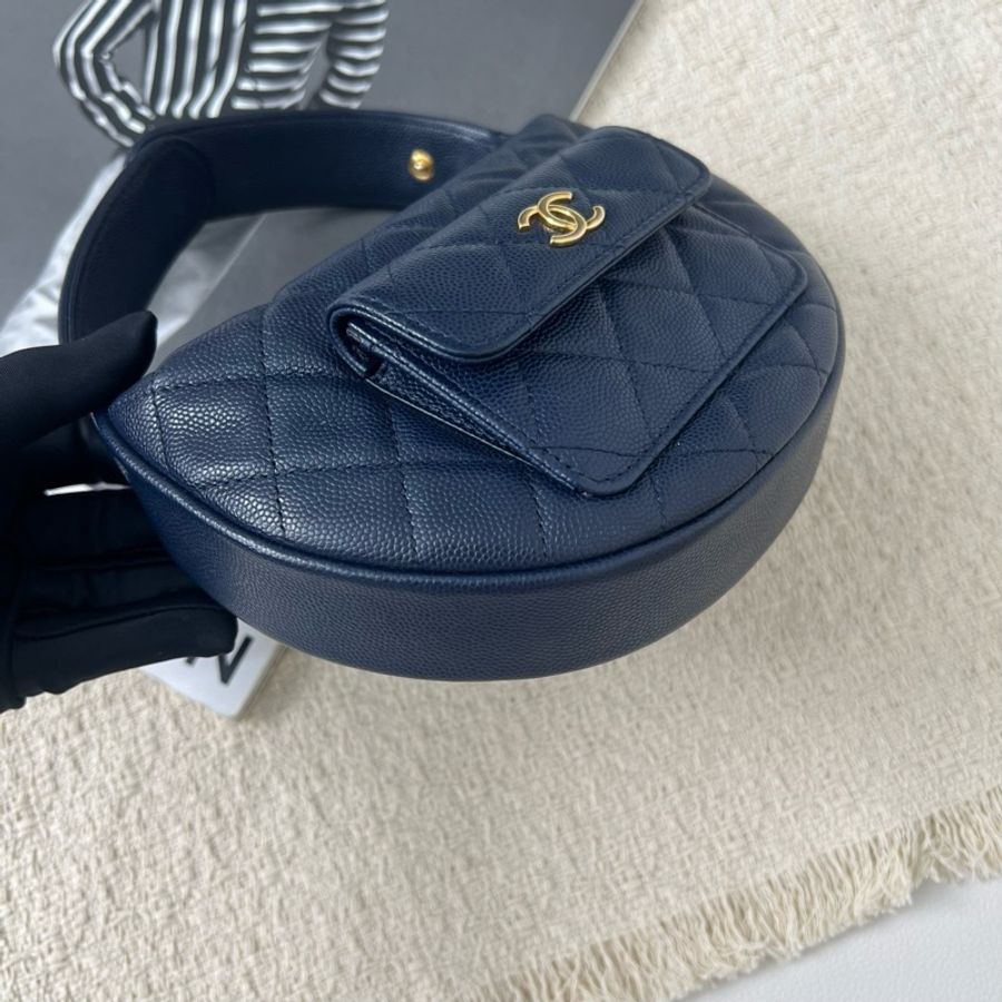 CHANEL/香奈兒 海軍藍金扣 呼啦圈包 手提包 芯片款-7