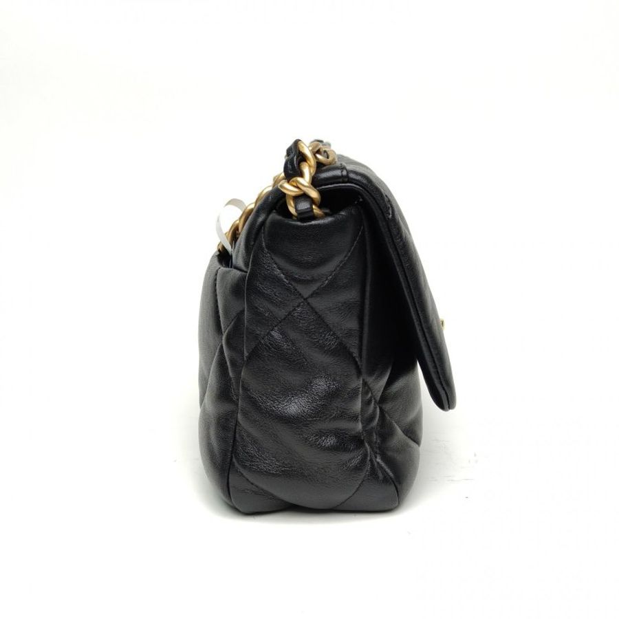 CHANEL 19BAG口蓋包小號黑色羊皮晶片金銀扣肩背包-3