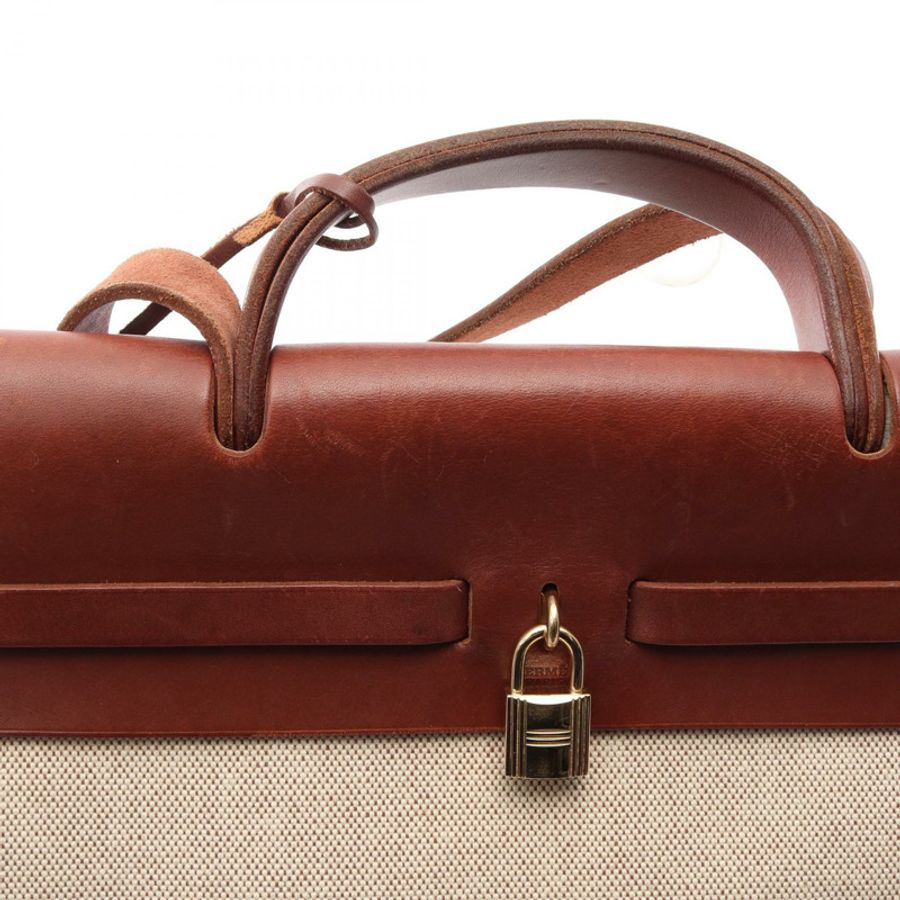 愛馬仕 Herbag MM Rouge H 肩背包 Hunter 皮革 Toile H 帆布 米色 F-8