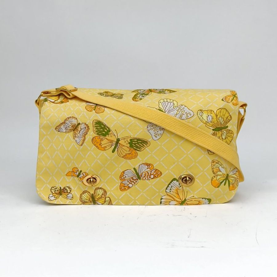 HERMES 棉帆布金扣中古單肩包黃色蝴蝶圖案肩背包-0