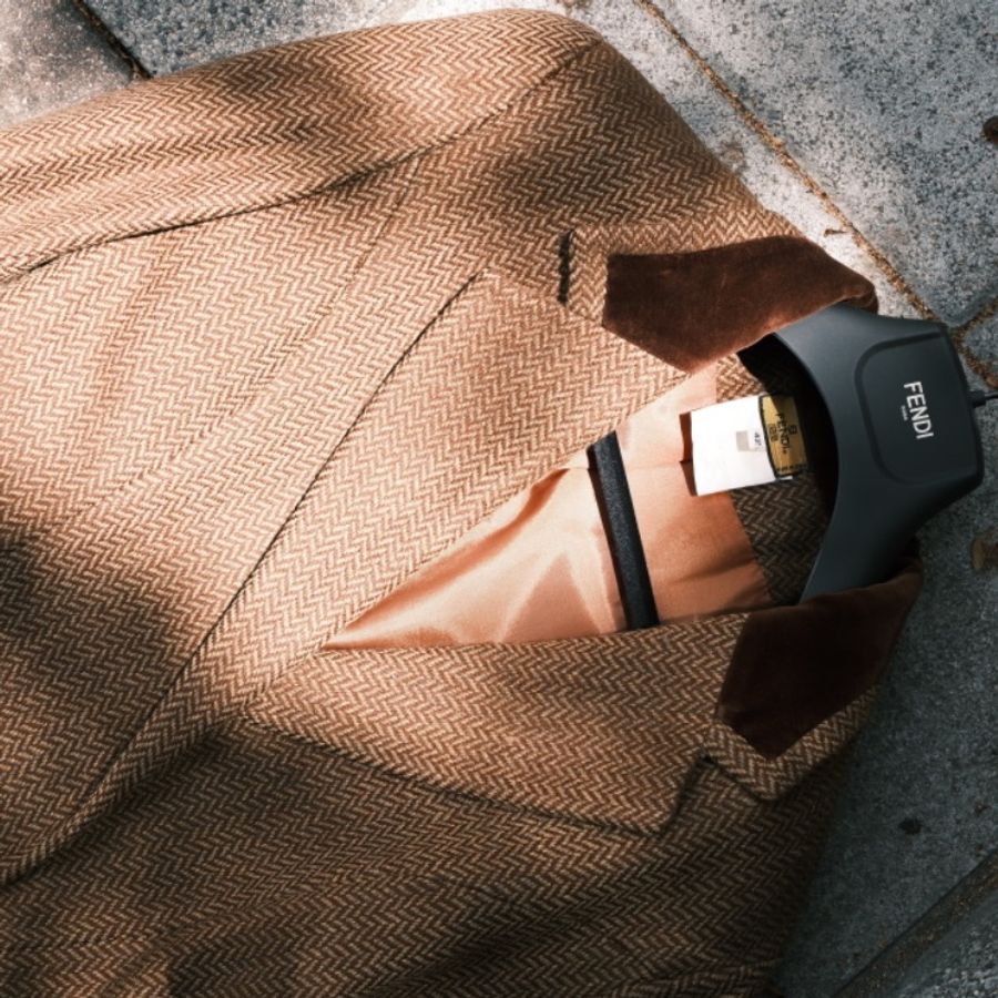 Fendi 1980s 黃標人字紋天鵝絨拼接雙排扣西裝外套-3