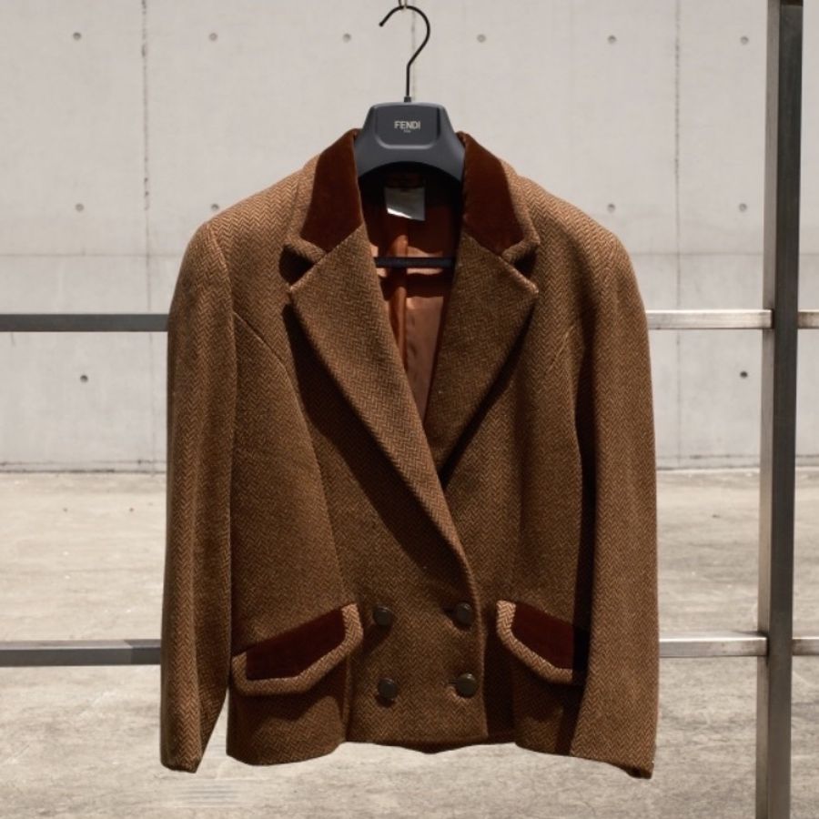 Fendi 1980s 黃標人字紋天鵝絨拼接雙排扣西裝外套-1