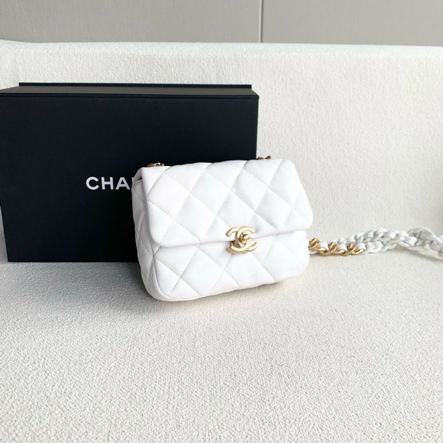 Chanel香奈兒白金粗鏈條方胖子單肩斜挎包 芯片款 白色金扣 羊皮-4