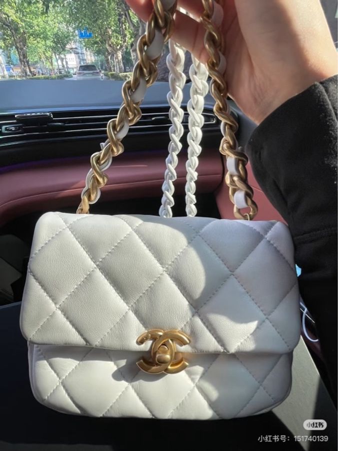 Chanel香奈兒白金粗鏈條方胖子單肩斜挎包 芯片款 白色金扣 羊皮-6