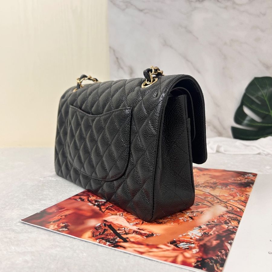 Chanel 經典 25 黑色荔枝皮鏈條銀釦雙翻蓋肩背包-7