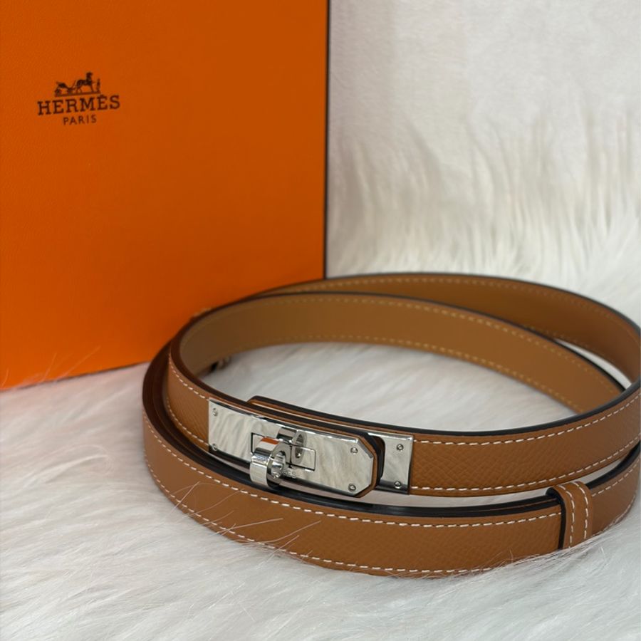 Hermes 37金棕epsom牛皮銀釦凱莉雙圈皮帶 腰帶Kelly-0