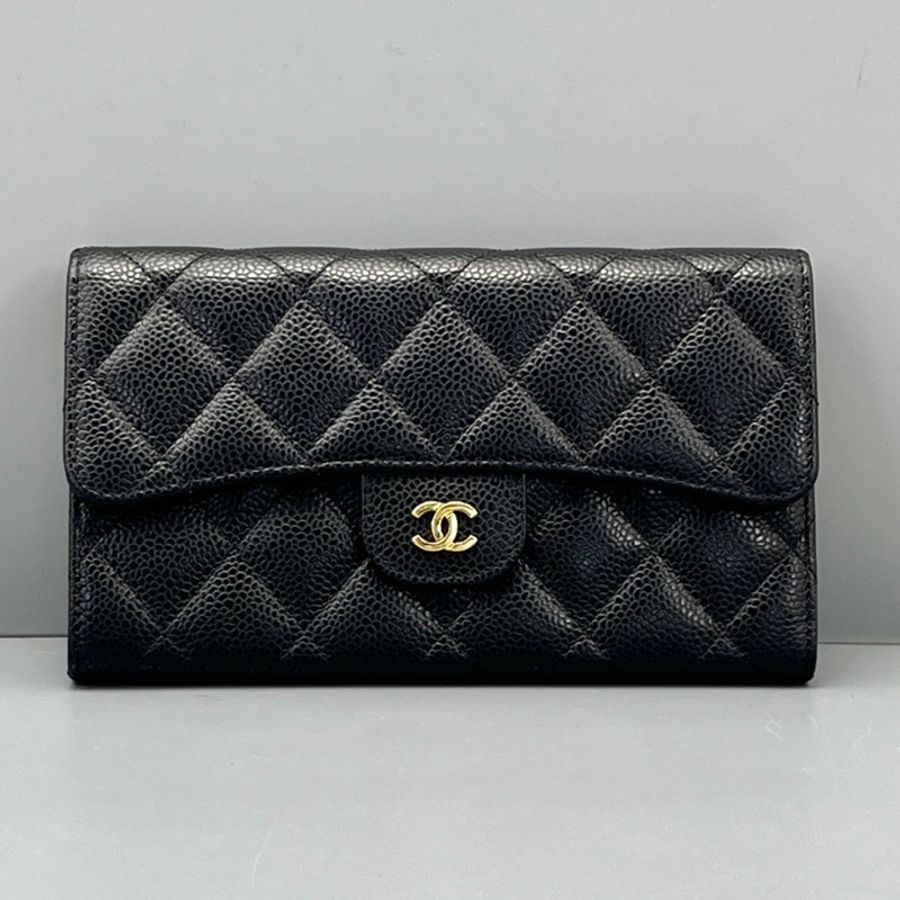 chanel香奈兒CF長款三折錢包黑金/18*11*3cm 21開-0