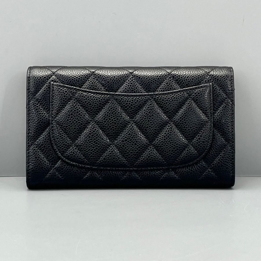 chanel香奈兒CF長款三折錢包黑金/18*11*3cm 21開-1