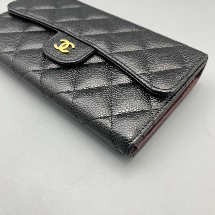 chanel香奈兒CF長款三折錢包黑金/18*11*3cm 21開-3