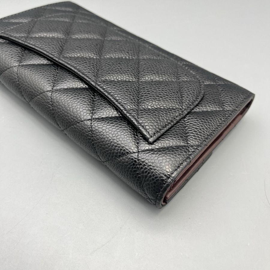 chanel香奈兒CF長款三折錢包黑金/18*11*3cm 21開-9