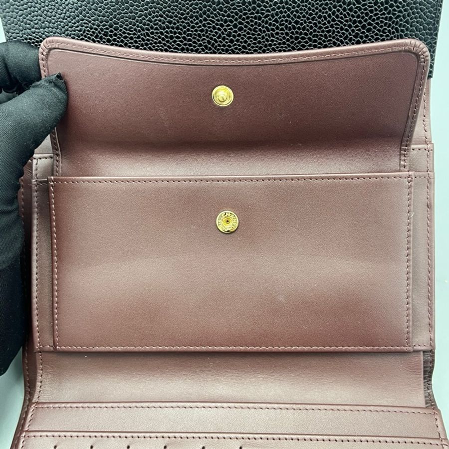 chanel香奈兒CF長款三折錢包黑金/18*11*3cm 21開-11