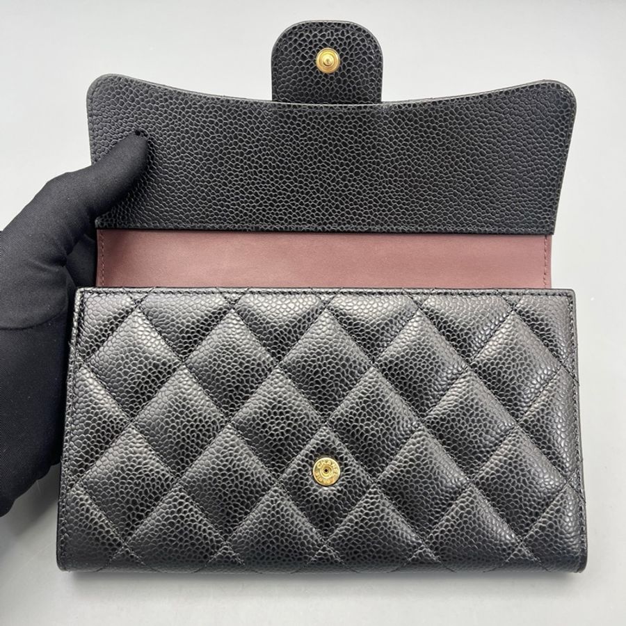 chanel香奈兒CF長款三折錢包黑金/18*11*3cm 21開-15