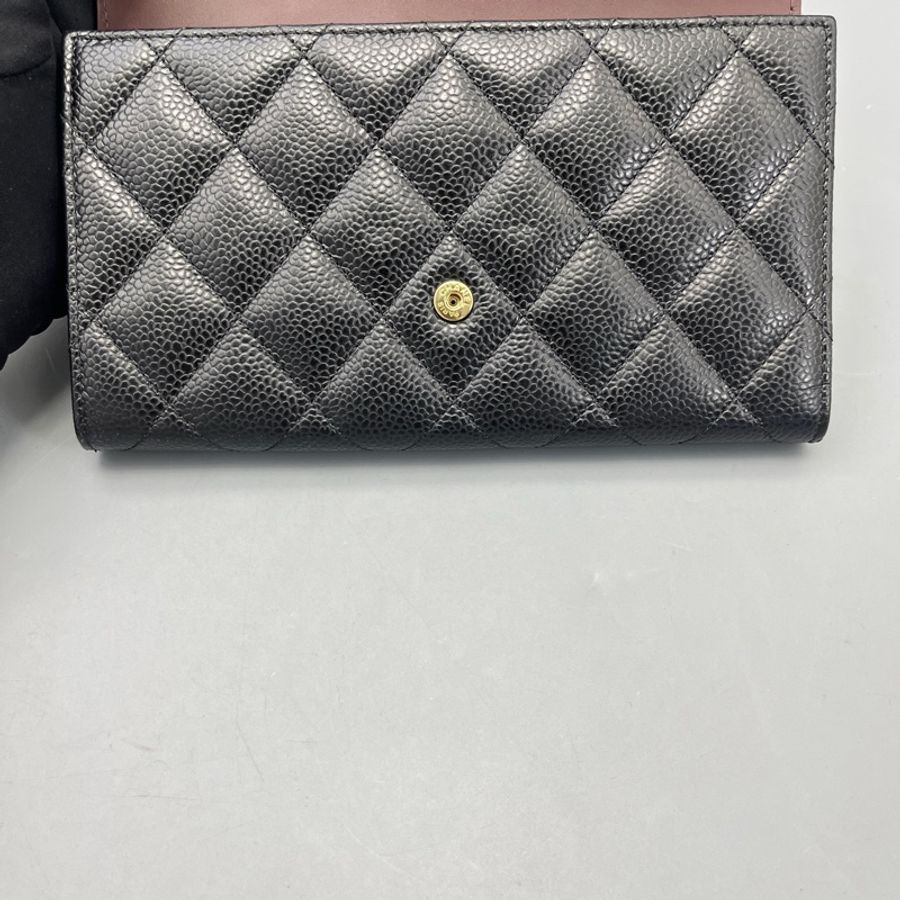 chanel香奈兒CF長款三折錢包黑金/18*11*3cm 21開-17