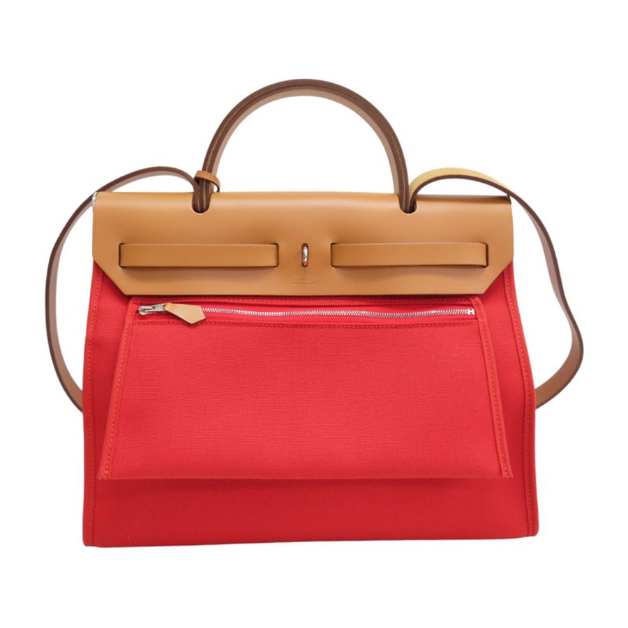 A5寶石紅色 帆布 棕色牛皮 Herbag 31 兩用包 A刻 銀扣【HERMES 愛馬仕】 H079091CKAA-1