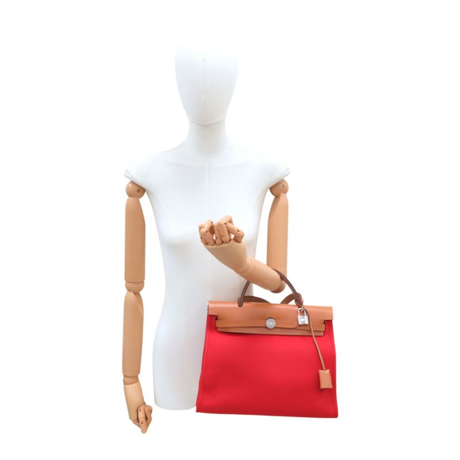 A5寶石紅色 帆布 棕色牛皮 Herbag 31 兩用包 A刻 銀扣【HERMES 愛馬仕】 H079091CKAA-9