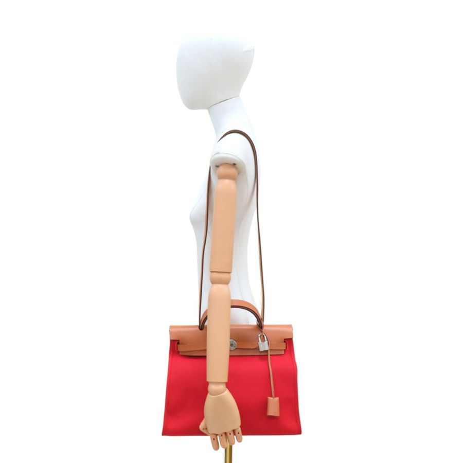 A5寶石紅色 帆布 棕色牛皮 Herbag 31 兩用包 A刻 銀扣【HERMES 愛馬仕】 H079091CKAA-10