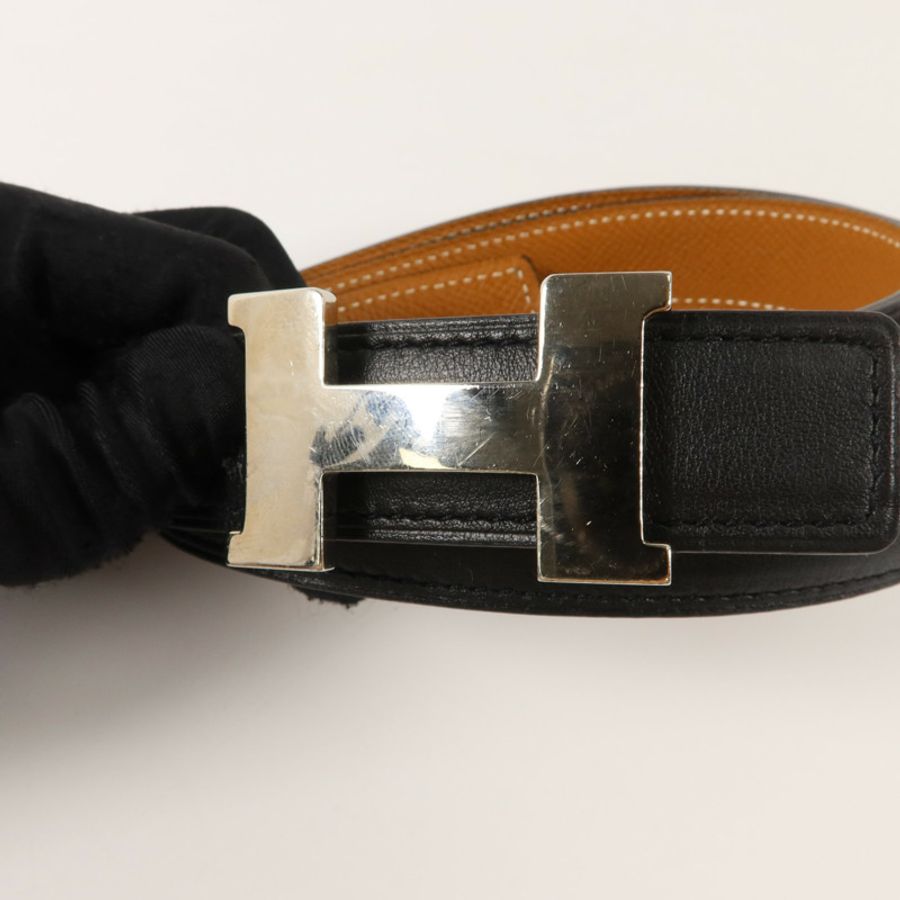 HERMES Epsom皮革/Swift皮革Mini H Belt 80cm皮帶Noir/Gold-10
