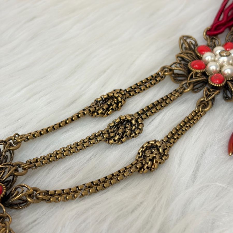 GUCCI 黃銅 辣椒 紅 半 寶石 流蘇 珍珠 項鍊 長鍊 腰鍊 皮帶 腰帶 掛飾 擺件 多用途-8