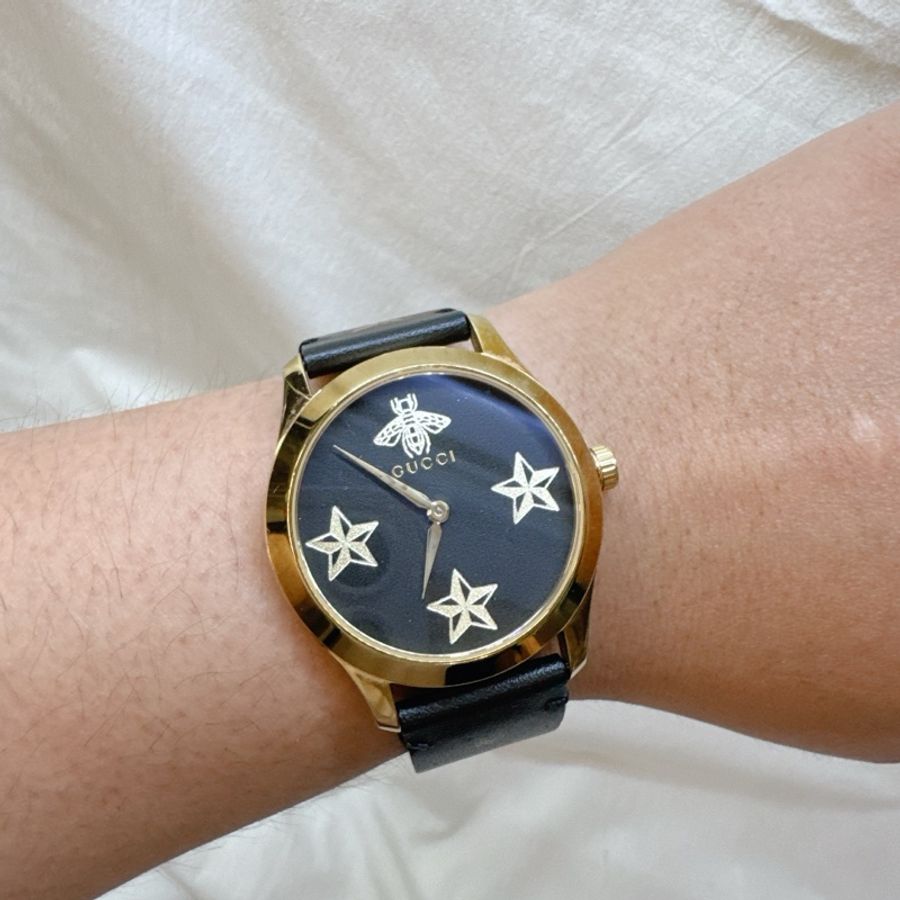 二手正品Gucci G-Timeless系列經典黑盤蜜蜂石英錶-4