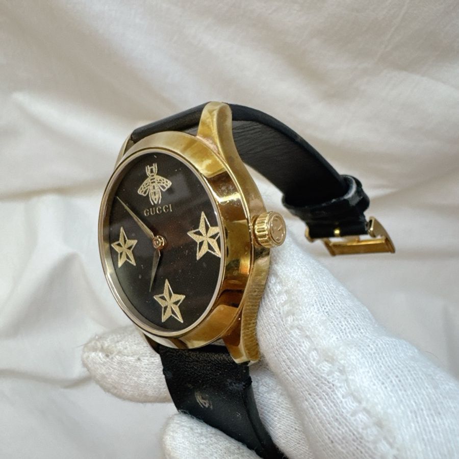 二手正品Gucci G-Timeless系列經典黑盤蜜蜂石英錶-13