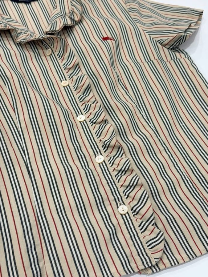 BURBERRY 倫敦 荷葉滾邊立領條紋戰馬襯衫-5