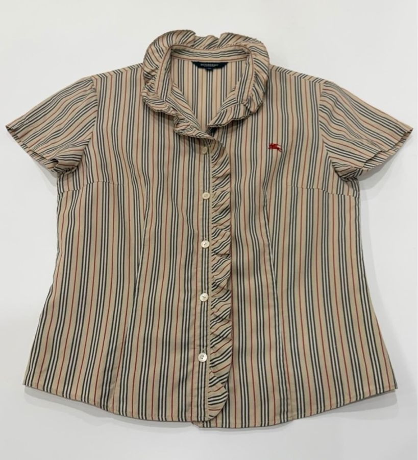 BURBERRY 倫敦 荷葉滾邊立領條紋戰馬襯衫-6