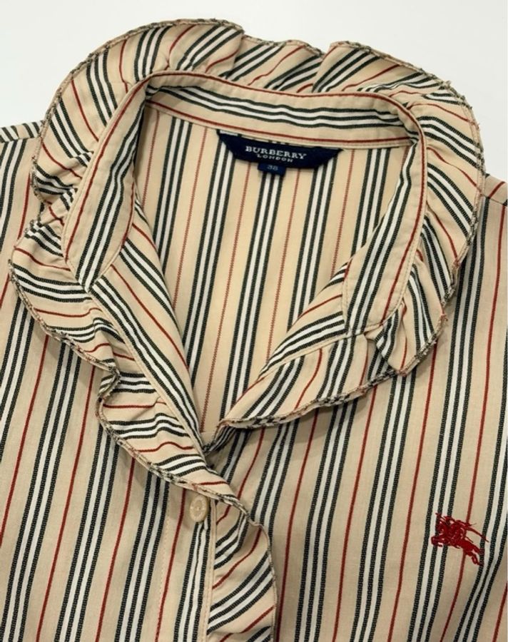 BURBERRY 倫敦 荷葉滾邊立領條紋戰馬襯衫-8