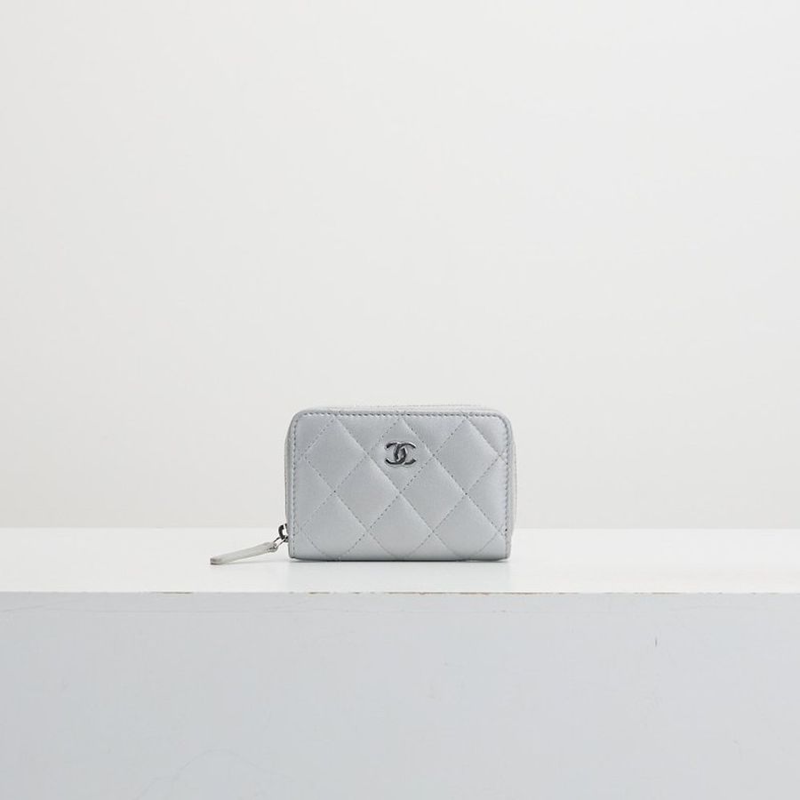 Chanel 新款拉鍊零錢包 灰銀-0