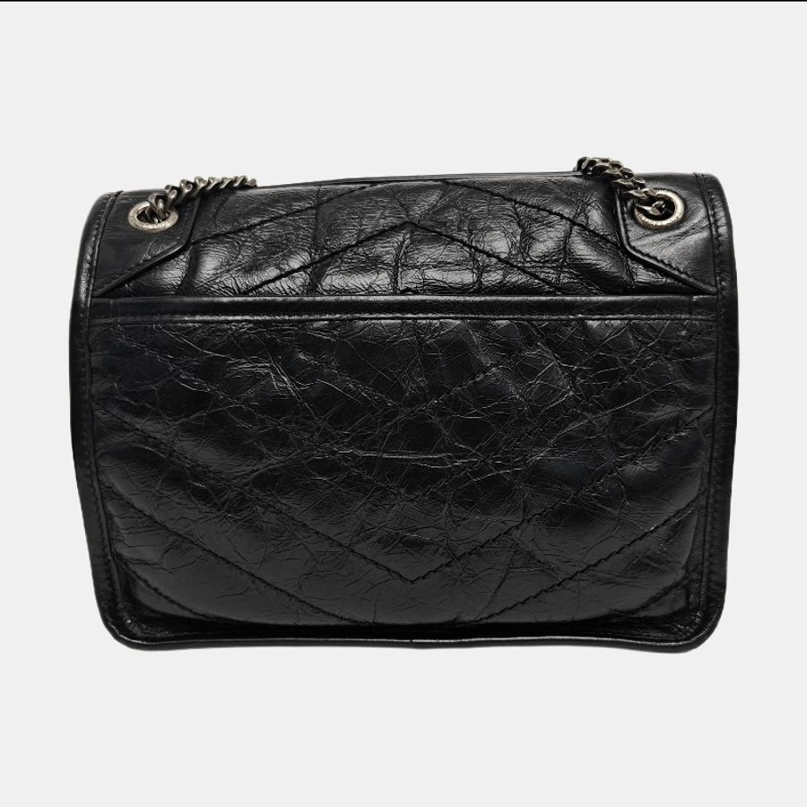 YSL NIKI 小号 黑色牛皮衍縫V紋單肩包斜挎包 黑色 釕色五金-3