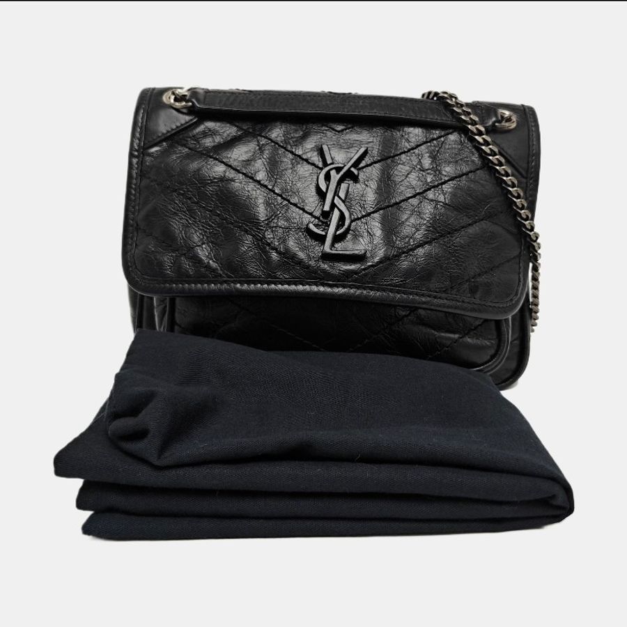 YSL NIKI 小号 黑色牛皮衍縫V紋單肩包斜挎包 黑色 釕色五金-6