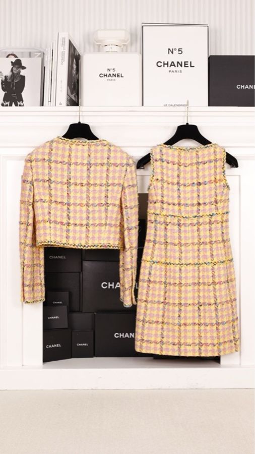 Chanel 94年春夏秀款橘色千鸟格吊带连衣裙外套套装-15
