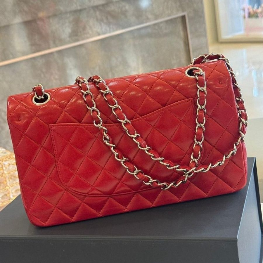 Chanel Coco 紅色羊皮銀釦 CF25口蓋包-1