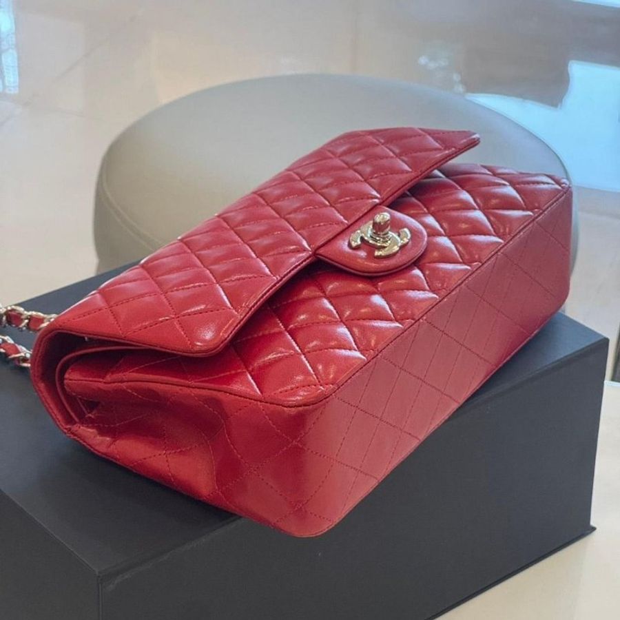 Chanel Coco 紅色羊皮銀釦 CF25口蓋包-3
