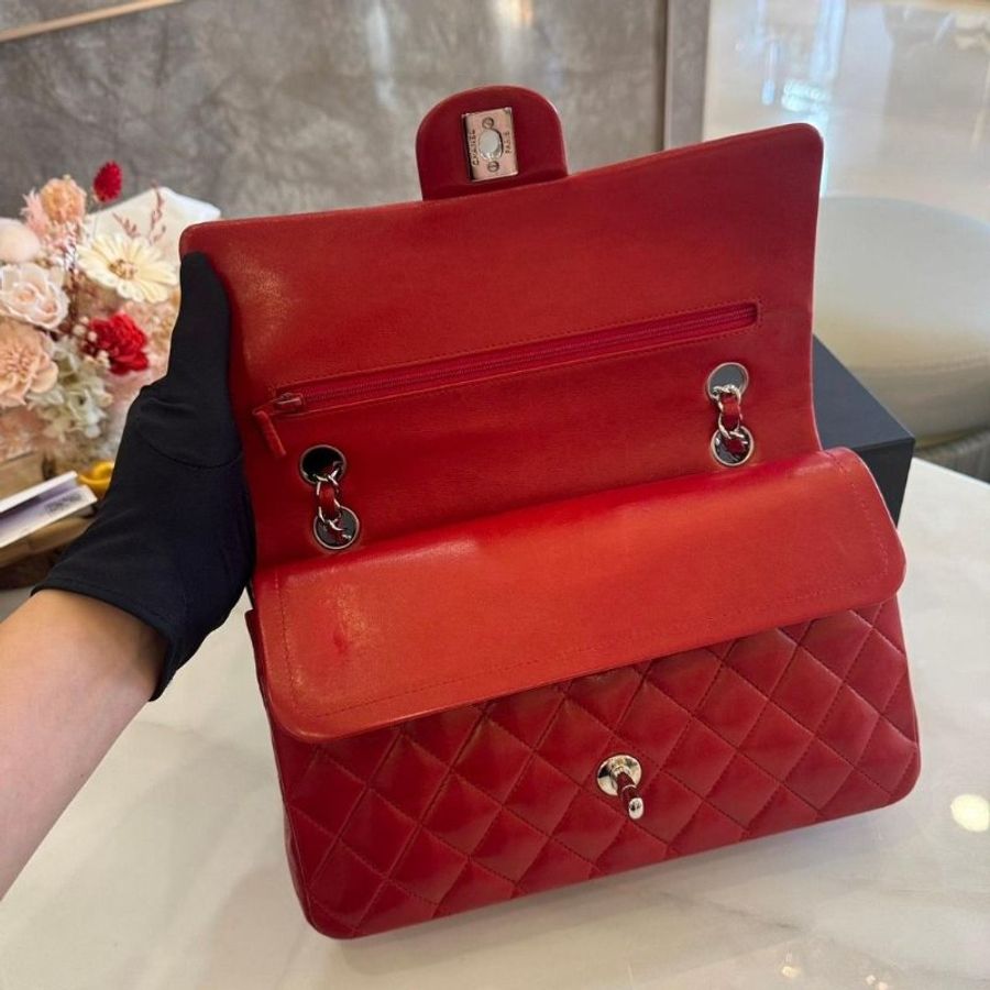 Chanel Coco 紅色羊皮銀釦 CF25口蓋包-5